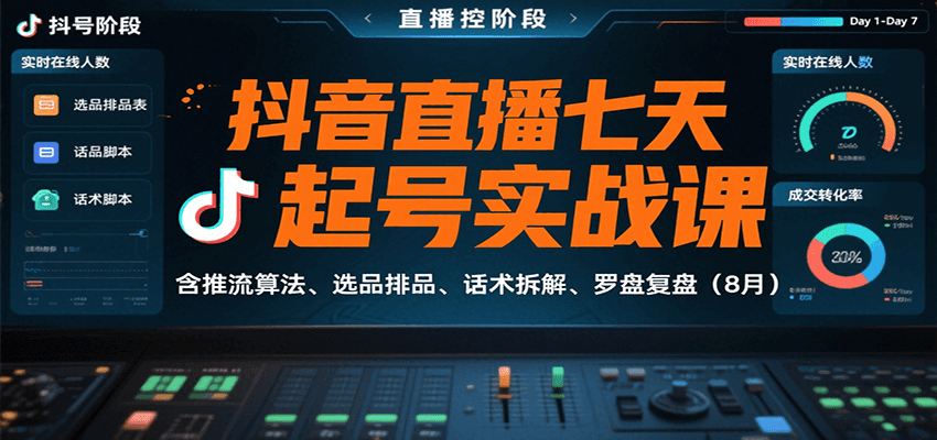 抖音直播七天起号实战课：含推流算法、选品排品、话术拆解、罗盘复盘(8月)-旺仔资源库