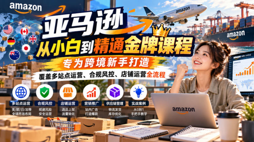 亚马逊从小白到精通金牌课程,专为跨境新手打造,覆盖多站点运营、合规风控、店铺运营全流程-旺仔资源库