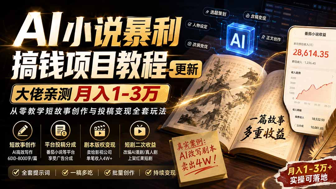 AI小说短故事暴利搞钱项目教程-更新，大佬亲测月入1-3万，从零教学短故事创作与投稿变现全套玩法-旺仔资源库