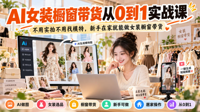 AI女装橱窗带货从0到1实战课，不用实拍不用找模特，新手在家就能做女装橱窗带货-旺仔资源库