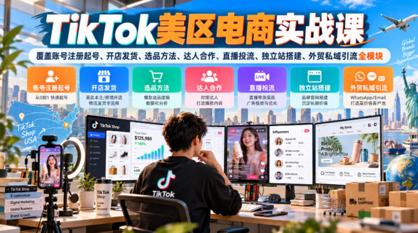 TikTok美区电商实战课,覆盖账号注册起号、开店发货、选品方法、达人合作、直播投流、独立站搭建、外贸私域引流全模块-旺仔资源库