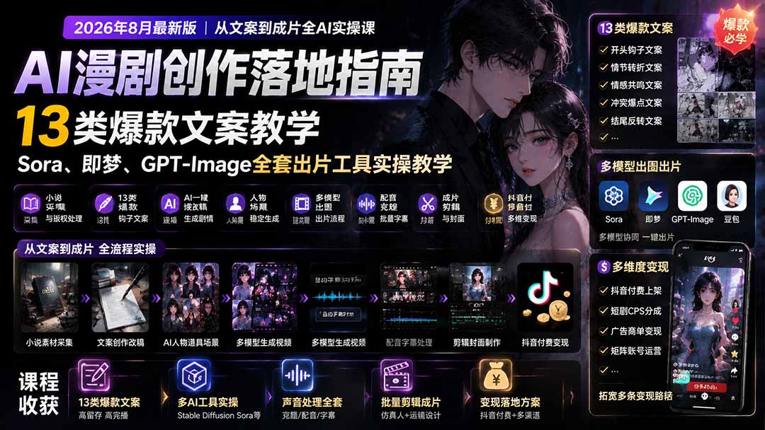 AI漫剧创作落地指南|13类爆款文案教学,Sora、即梦、GPT-Image全套出片工具实操教学-旺仔资源库