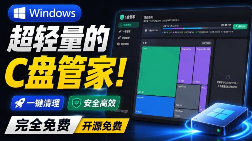 Windows超轻量的C盘管家！超级有特点，支持磁盘分析及清理提醒，2M大小体积，完全免费C盘管家-旺仔资源库