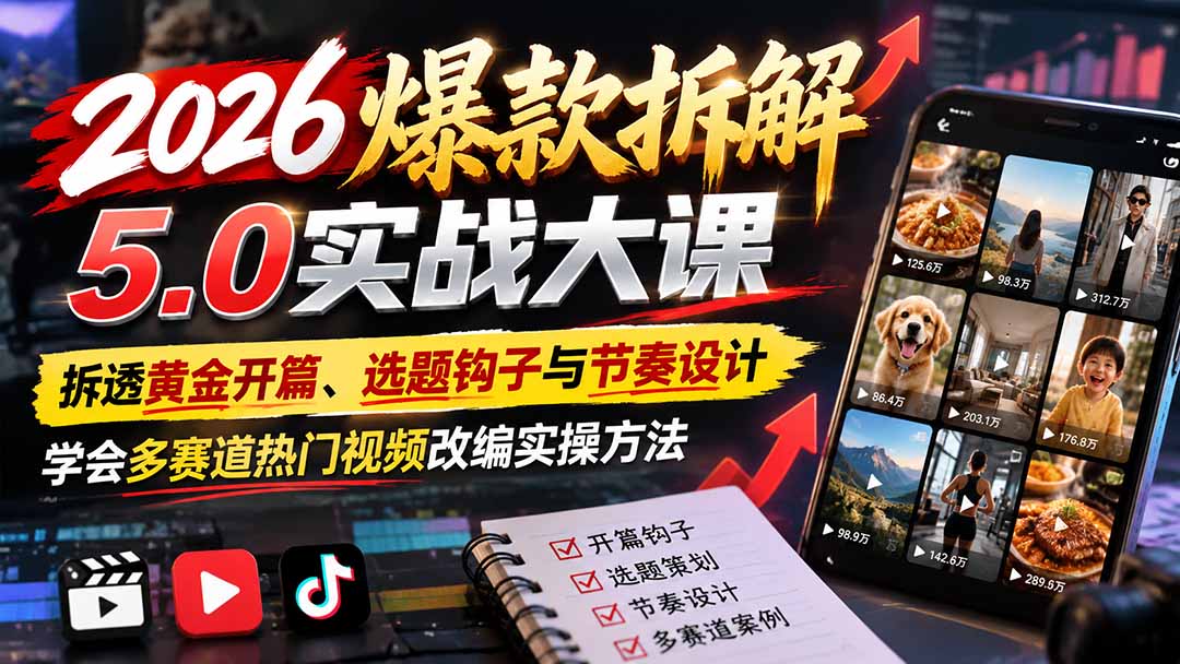 2026爆款拆解5.0实战大课：拆透黄金开篇、选题钩子与节奏设计，学会多赛道热门视频改编实操方法-旺仔资源库