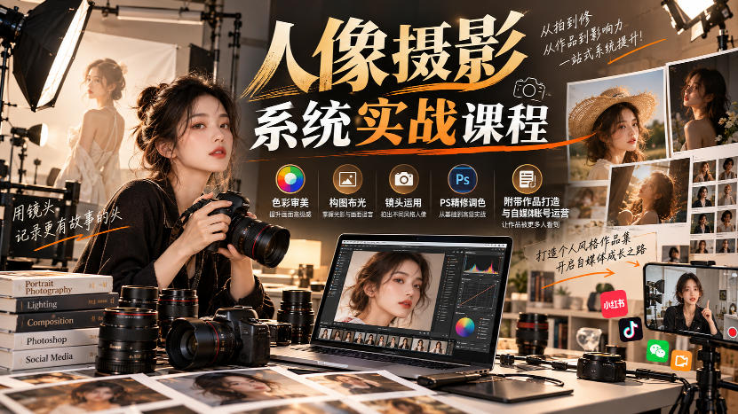 【无水印】人像摄影系统实战课程，色彩审美、构图布光、镜头运用、PS精修调色，附带作品打造与自媒体账号运营-旺仔资源库