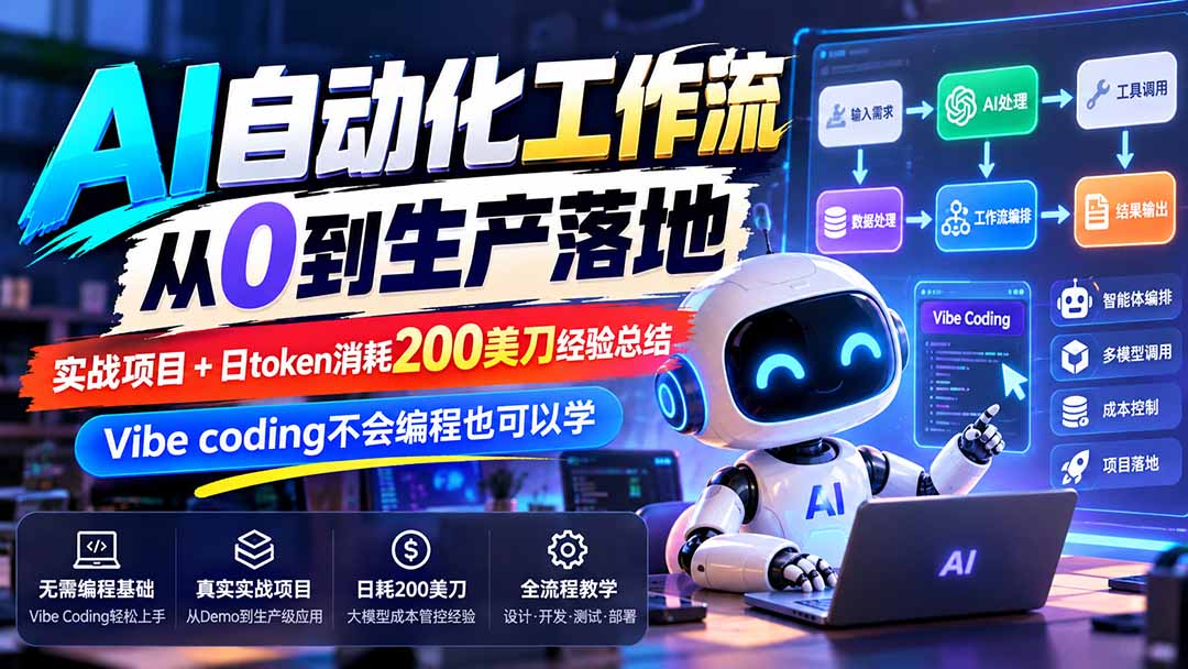 【无水印】AI自动化工作流从0到生产落地,实战项目+日token消耗200美刀经验总结,Vibe coding不会编程也可以学-旺仔资源库