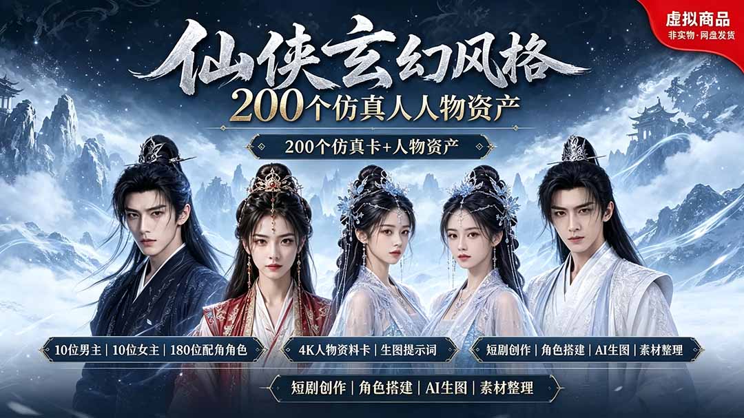 200个仙侠玄幻仿真人素材◆10男主×10女主×180配角,4K资料卡+AI生图提示词,漫剧必备-旺仔资源库
