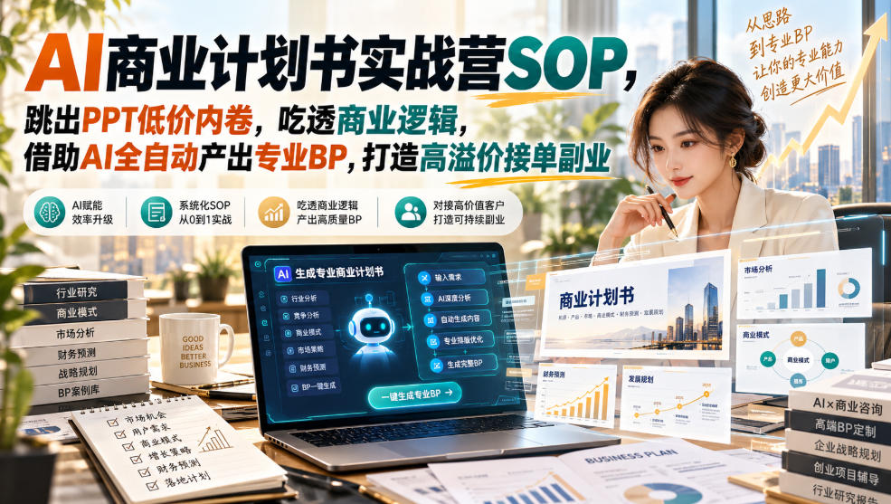 AI商业计划书实战营SOP,跳出PPT低价内卷,吃透商业逻辑,借助AI全自动产出专业BP,打造高溢价接单副业-旺仔资源库
