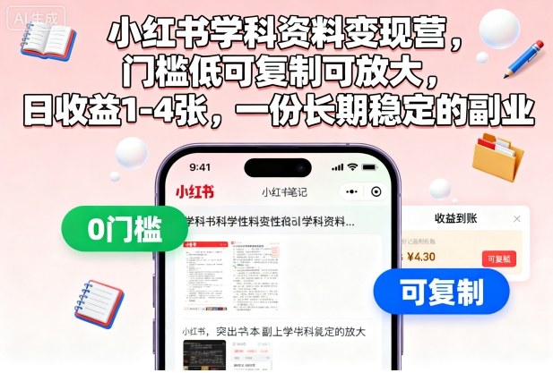 小红书学科资料变现营，门槛低可复制可放大，日收益1-4张，一份长期稳定的副业-旺仔资源库