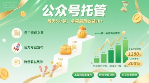 【公众号托管 】我提供文章，你发布，每天5分钟，单篇最高收益1k+【揭秘】-旺仔资源库