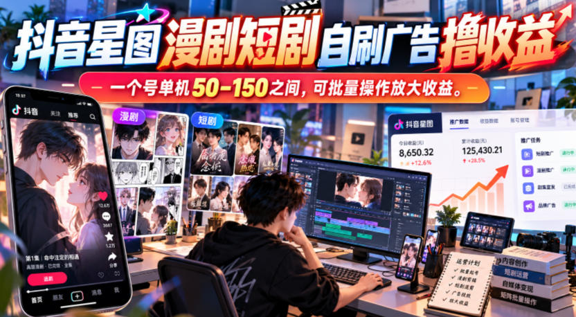 抖音星图漫剧短剧自刷广告撸收益，一个号单机50-150之间，可批量操作放大收益-旺仔资源库
