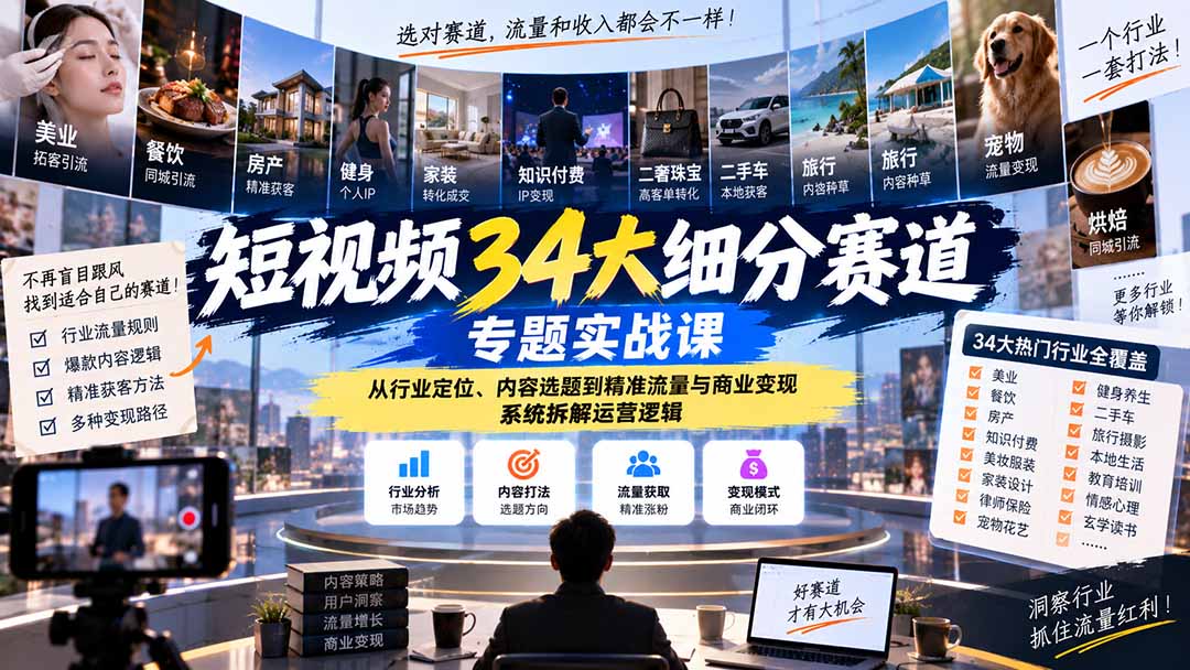 短视频34大细分赛道专题实战课:从行业定位、内容选题到精准流量与商业变现,系统拆解运营逻辑-旺仔资源库