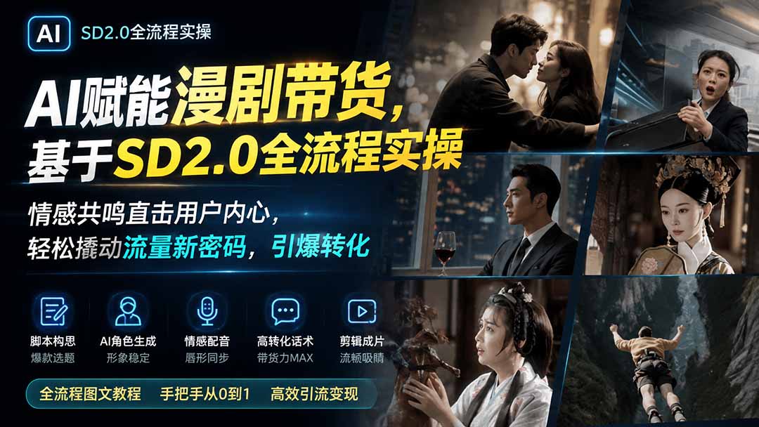 AI赋能漫剧带货,基于SD2.0全流程实操;情感共鸣直击用户内心,轻松撬动流量新密码,引爆转化-旺仔资源库