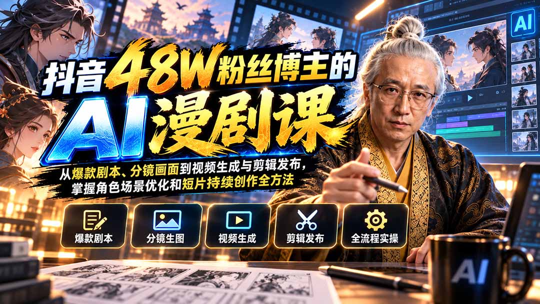 抖音48W粉丝博主的AI漫剧课：从爆款剧本、分镜画面到视频生成与剪辑发布，掌握角色场景优化和短片持续创作全方法-旺仔资源库