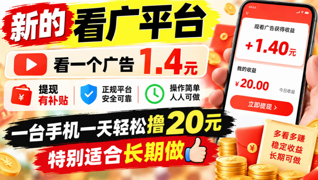 一个新的看广平台,看一个广告1.4元,提现有补贴,一台手机一天轻松撸20+,特别适合长期做【揭秘】-旺仔资源库