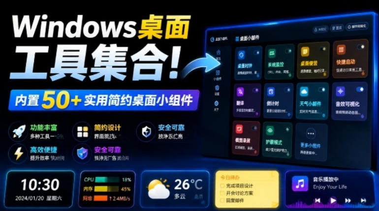 Windows桌面工具集合！内置50+实用简约桌面小组件，含截图、录屏、翻译、天气等，多秘工具箱-旺仔资源库