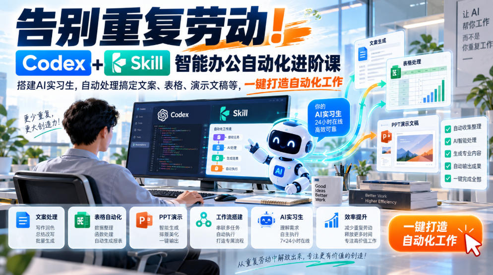 告别重复劳动!Codex+Skill智能办公自动化进阶课|搭建AI实习生,自动处理搞定文案、表格、演示文稿等,一键打造自动化工作-旺仔资源库