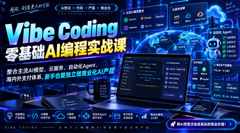 Vibe Coding零基础AI编程实战课-无水印,整合主流AI模型、云服务、自动化Agent、海内外支付体系,新手也能独立做商业化AI产品-旺仔资源库