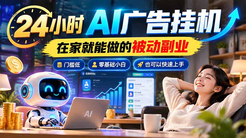24小时AI广告挂机｜在家就能做的被动副业，门槛低，零基础小白也可以快速上手-旺仔资源库