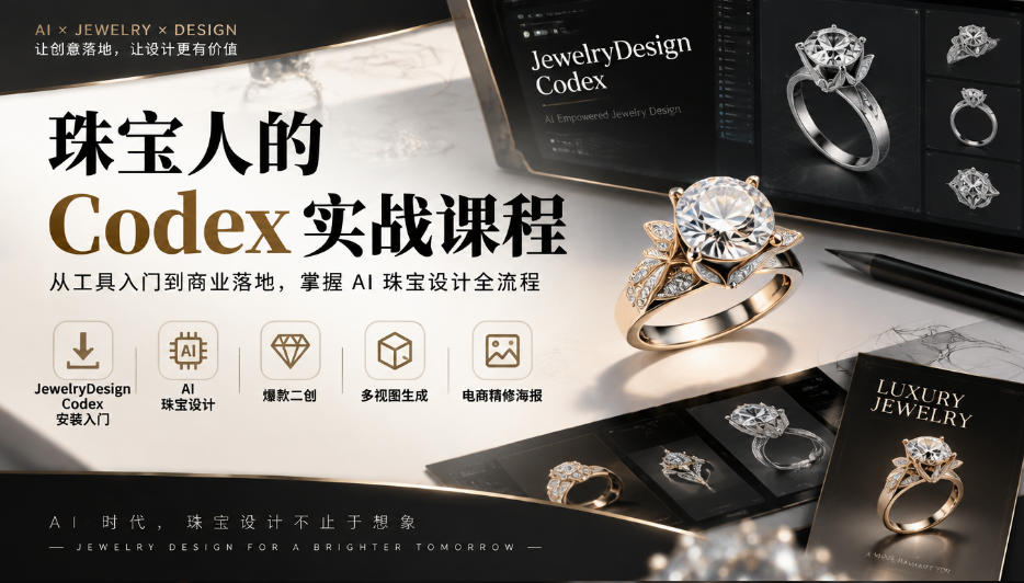 珠宝人的Codex实战课程|JewelryDesign Codex安装入门、AI珠宝设计、爆款二创、多视图生成、电商精修海报全链路教学-旺仔资源库
