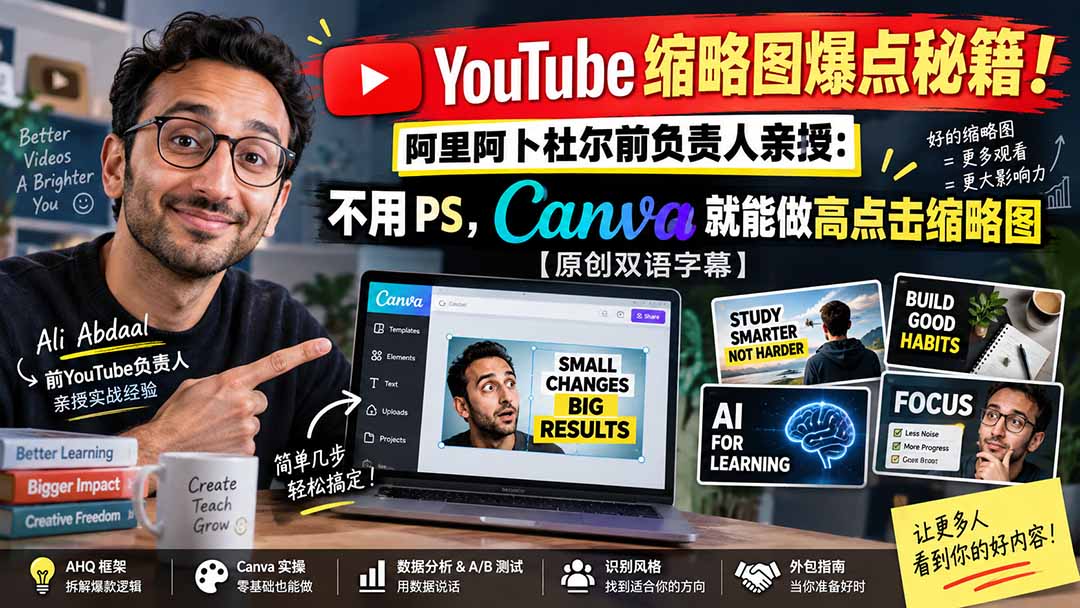 YouTube 缩略图爆点秘籍!阿里阿卜杜尔前负责人亲授:不用 PS,Canva 就能做高点击缩略图【原创双语字幕】-旺仔资源库