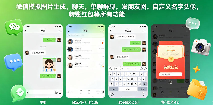 微信模拟图片生成,聊天,单聊群聊,发朋友圈,自定义名字头像,转账红包等所有功能都可以生成-旺仔资源库