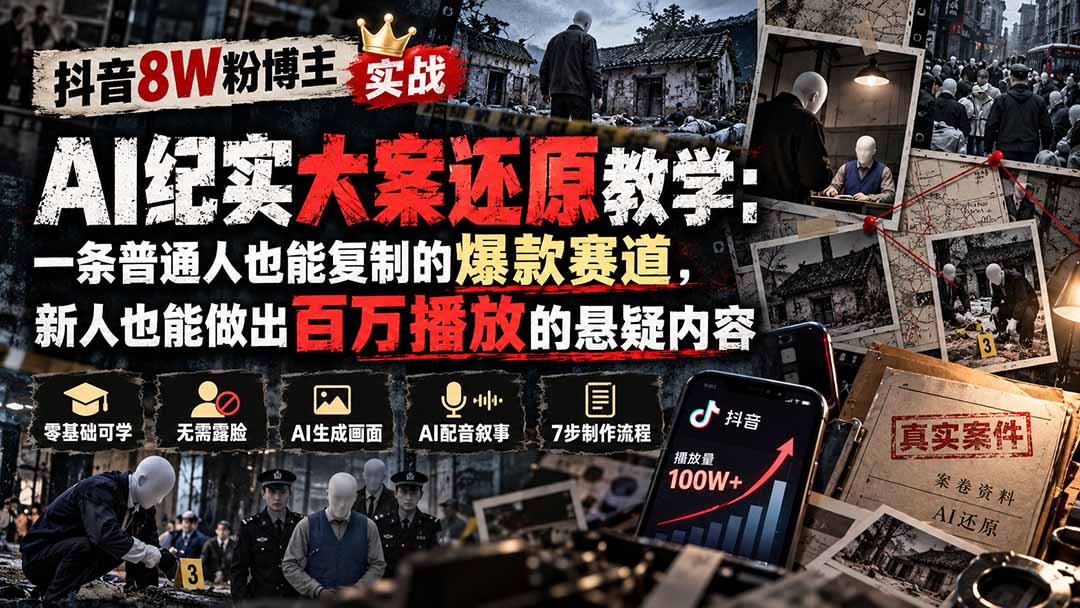 抖音8W粉博主AI纪实大案还原教学：一条普通人也能复制的爆款赛道，新人也能做出百万播放的悬疑内容-旺仔资源库