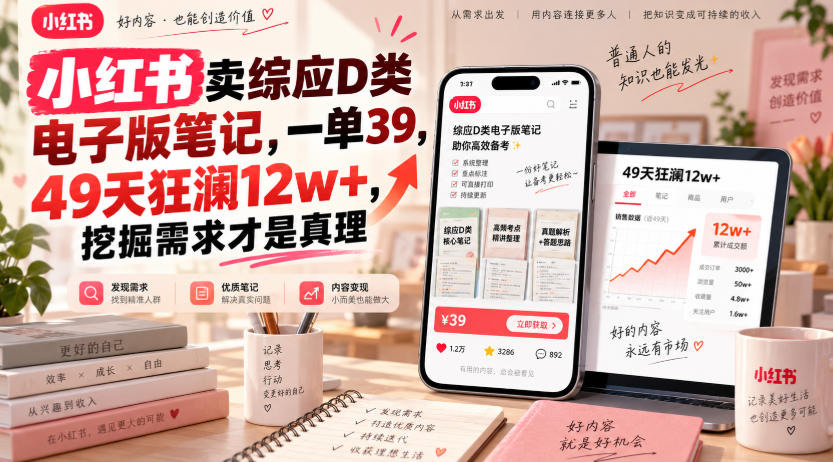 小红书卖综应D类电子版笔记,一单39,49天狂澜12w+,挖掘需求才是真理-旺仔资源库