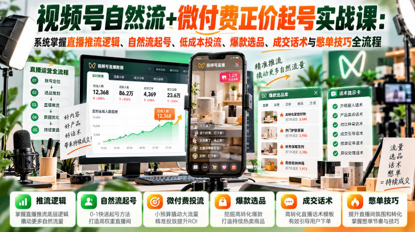 视频号自然流+微付费正价起号实战课：系统掌握直播推流逻辑、自然流起号、低成本投流、爆款选品、成交话术与憋单技巧全流程-旺仔资源库