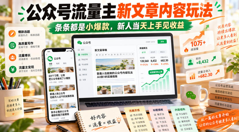 公众号流量主新文章内容玩法，条条都是小爆款，新人当天上手见收益-旺仔资源库