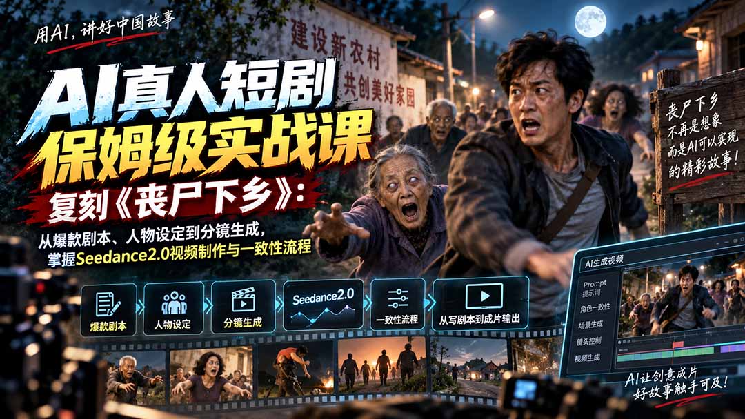AI真人短剧保姆级实战课，复刻《丧尸下乡》：从爆款剧本、人物设定到分镜生成，掌握Seedance2.0视频制作与一致性流程-旺仔资源库