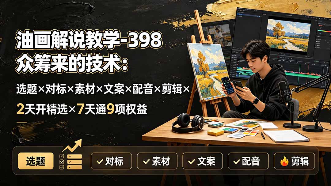 油画解说教学-398众筹来的技术:选题×对标×素材×文案×配音×剪辑×2天开精选×7天通9项权益-旺仔资源库
