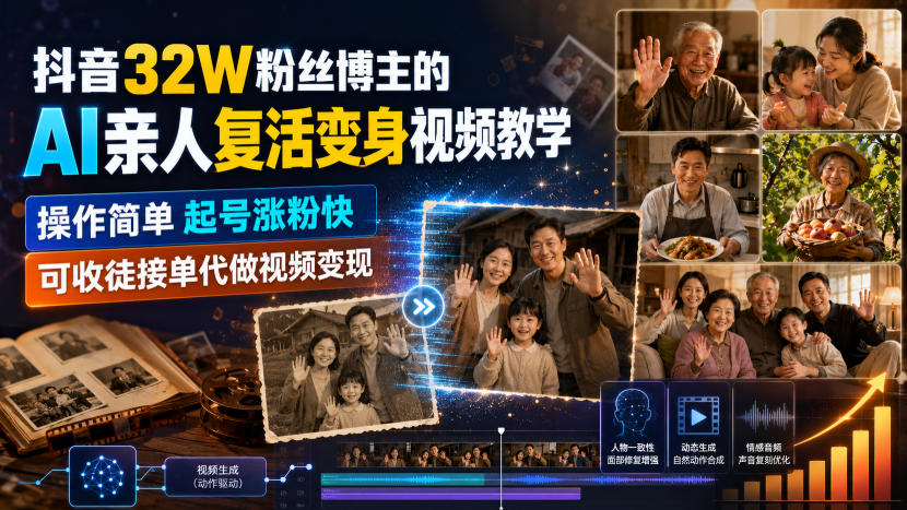 抖音32W粉丝博主的AI亲人复活变身视频教学,操作简单,起号涨粉快,可收徒接单代做视频变现-旺仔资源库