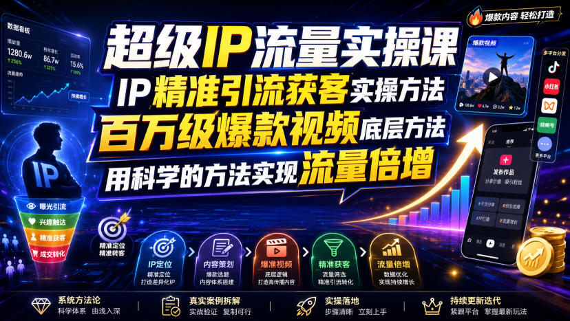 超级IP流量实操课，IP精准引流获客实操方法，百万级爆款视频底层方法，用科学的方法实现流量倍增-旺仔资源库