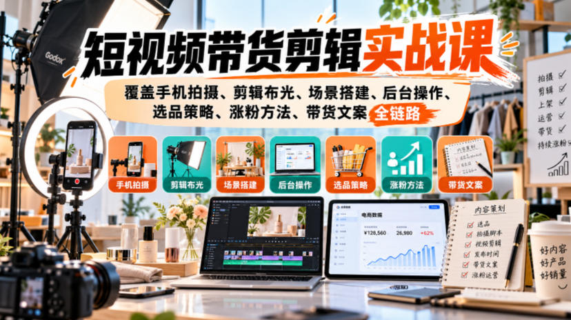 短视频带货剪辑实战课，覆盖手机拍摄、剪辑布光、场景搭建、后台操作、选品策略、涨粉方法、带货文案全链路-旺仔资源库
