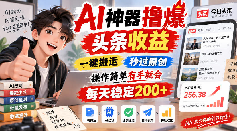 AI神器撸爆头条收益，一键搬运，秒过原创，操作简单有手就会，每天稳定200+【揭秘】-旺仔资源库