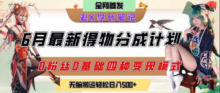 6月份最新得物创作者分成计划2.0玩法，0粉丝0基础四种模式变现，从隐蔽渠道无脑搬运，日入2张-旺仔资源库
