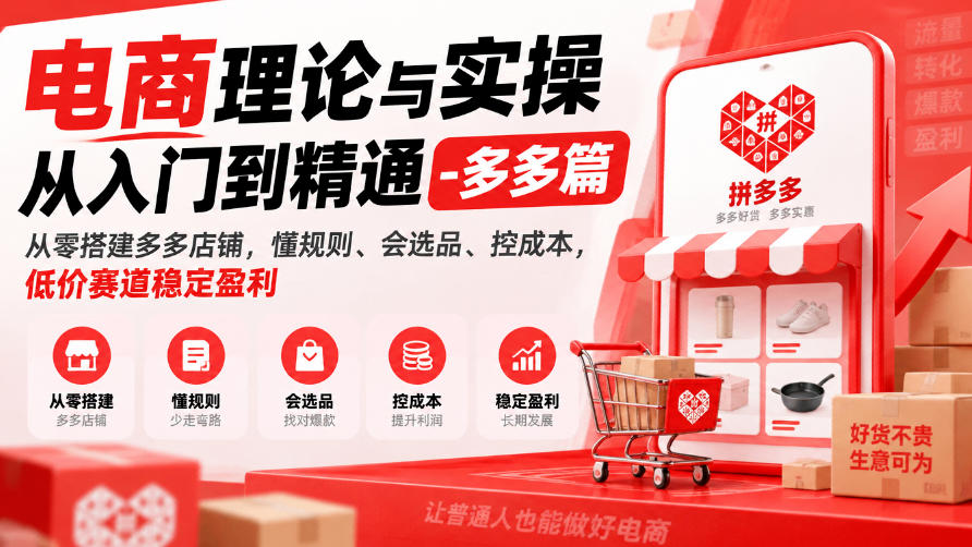 电商理论与实操从入门到精通-多多篇，从零搭建多多店铺，懂规则、会选品、控成本，低价赛道稳定盈利-旺仔资源库