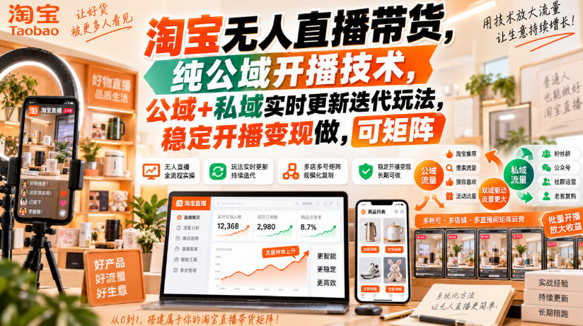 淘宝无人直播带货，纯公域开播技术，公域+私域实时更新迭代玩法，稳定开播变现做，可矩阵【揭秘】-旺仔资源库