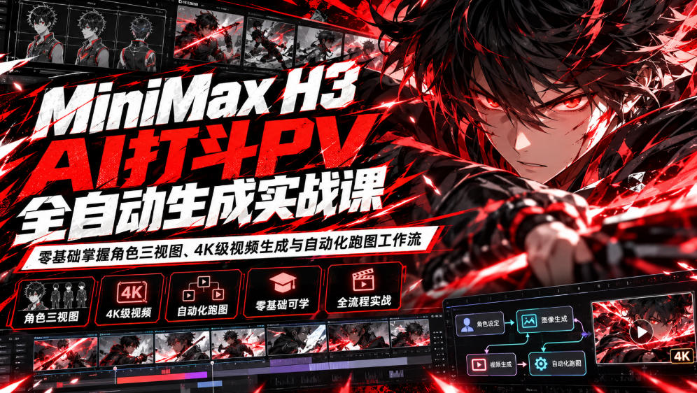 MiniMax H3 AI打斗PV全自动生成实战课：零基础掌握角色三视图、4K级视频生成与自动化跑图工作流-旺仔资源库