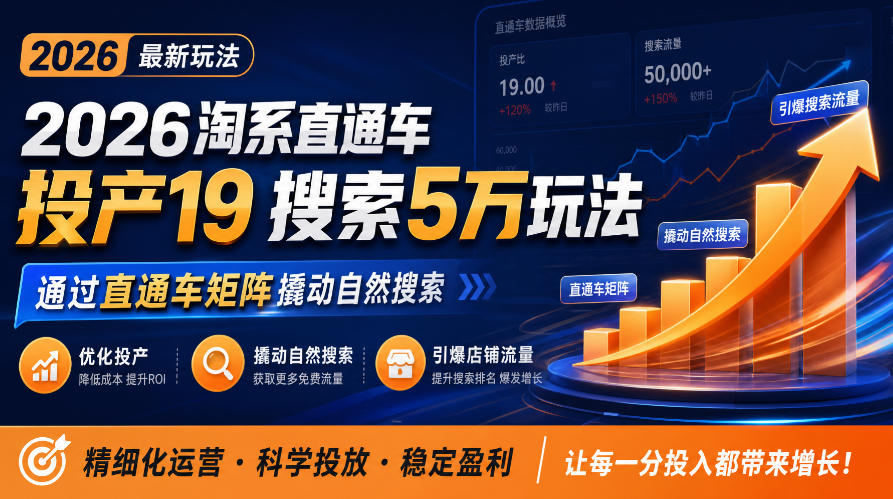 2026淘系直通车投产19搜索5万玩法,通过直通车矩阵撬动自然搜索,帮助商家优化投产,引爆店铺搜索流量-旺仔资源库