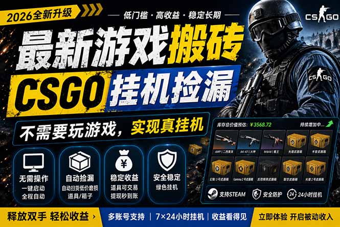 最新游戏搬砖，CSGO纯挂机，不需要玩游戏，实现真挂机，月入1W+，五一小高峰上车可吃肉，…-旺仔资源库