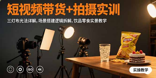 短视频带货+拍摄实训：三灯布光法详解,场景搭建逻辑拆解,饮品零食实景教学-旺仔资源库
