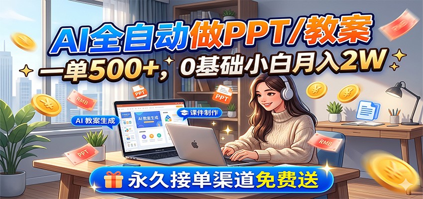 AI全自动做PPT/教案，一单500+，0基础小白月入2W，永久接单渠道免费送-旺仔资源库