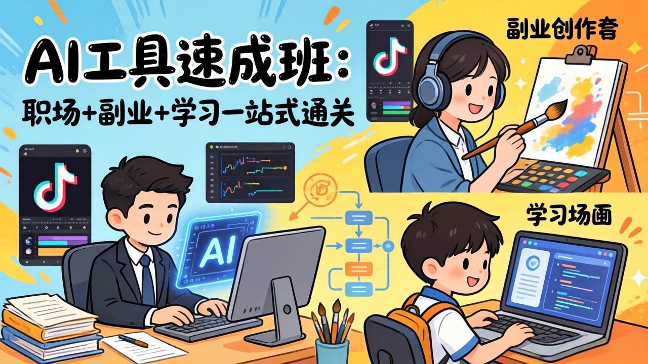 AI工具速成班：职场+副业+学习一站式通关，20+爆款类型+剪映技巧+抖音算法，0基础快速上手-旺仔资源库