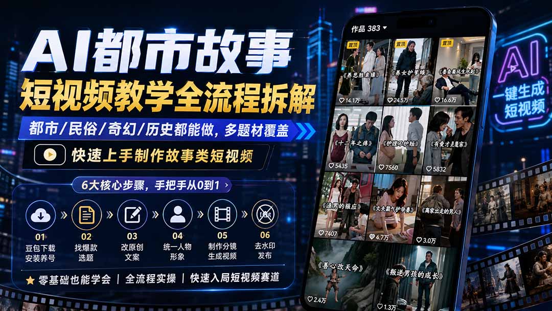 AI都市故事短视频教学全流程拆解；都市/民俗/奇幻/历史都能做多题材覆盖，快速上手制作故事类短视频-旺仔资源库