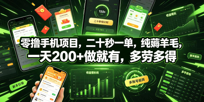 零撸手机项目，二十秒一单，纯薅羊毛，一天200+做就有，多劳多得【揭秘】-旺仔资源库