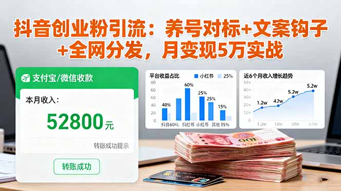 抖音创业粉引流：养号对标+文案钩子+全网分发，月变现5万实战-旺仔资源库