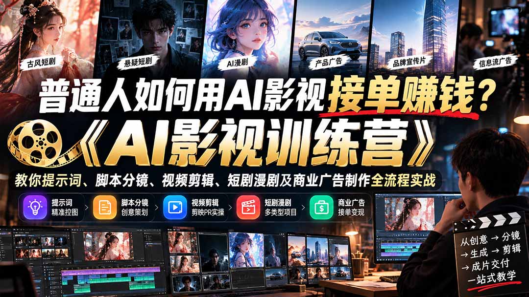 普通人如何用AI影视接单赚钱?《AI影视训练营》教你提示词、脚本分镜、视频剪辑、短剧漫剧及商业广告制作全流程实战-旺仔资源库