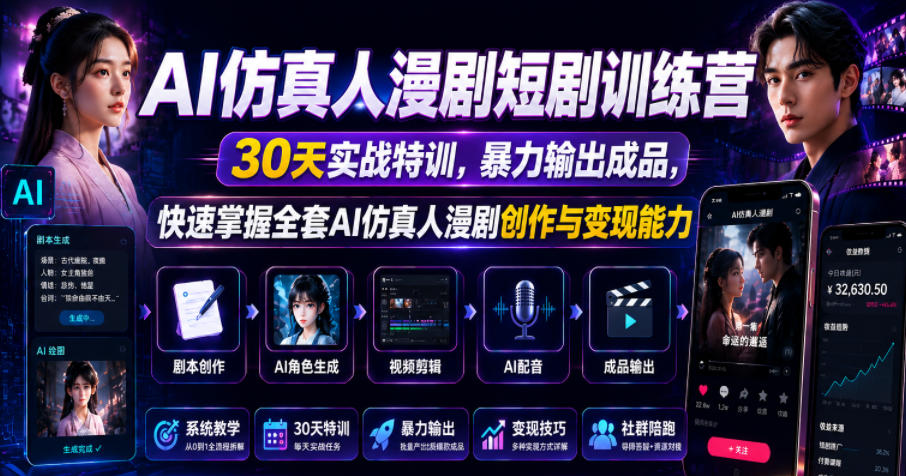 AI仿真人漫剧短剧训练营，30天实战特训，暴力输出成品，快速掌握全套AI仿真人漫剧创作与变现能力-旺仔资源库